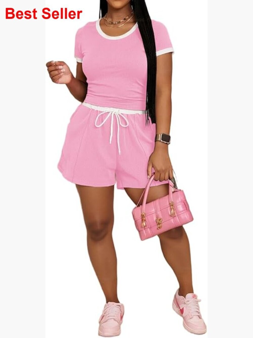 Polyester Spandex Ribbed Knit Lounge Set Short Sleeve Top Drawstring Shorts